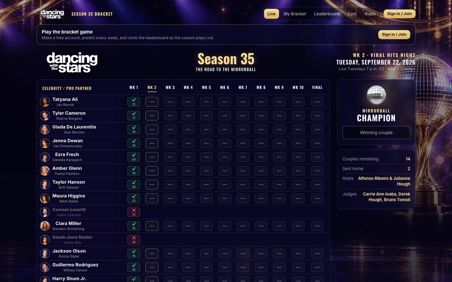Dancing with the Stars Season 35 bracket grid with weekly picks, live results, and a Mirrorball Champion slot